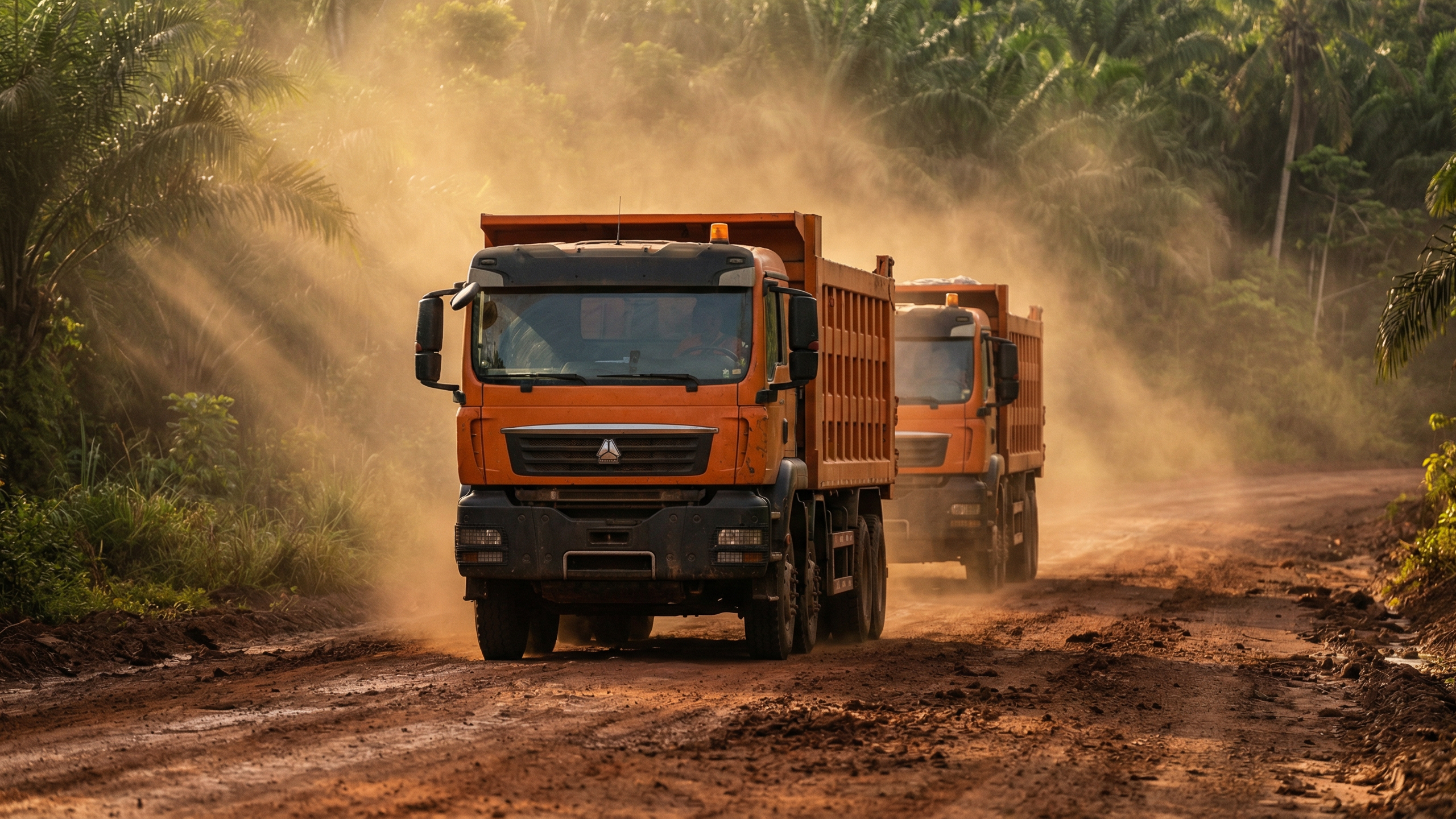 Two Saturn trucks on a dusty road